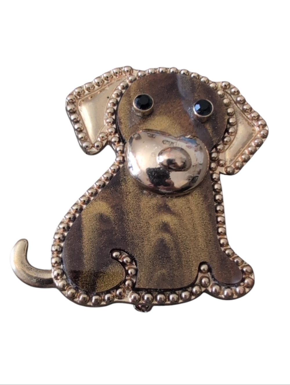 Vintage Dog Brooch Gold Tone Black Enamel Puppy Pin Rhinestone Eyes Cute Figural